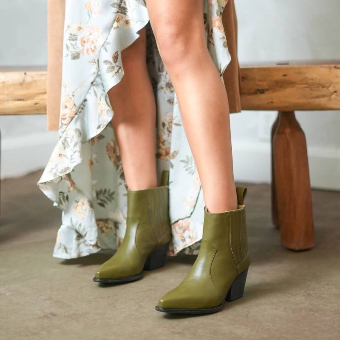 MAGGIE 60 - Khaki Regina Romero Zapato Bota Botin Tacon Bajo Para Dama en Piel