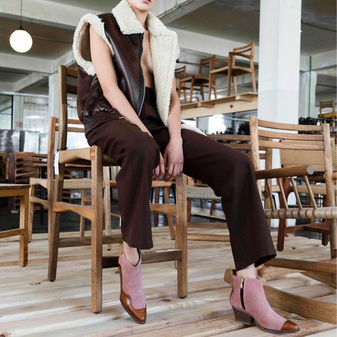 DAISY 60 - Caramelo y Rosa Regina Romero Zapato Bota Botin Tacon Bajo para Dama en Piel