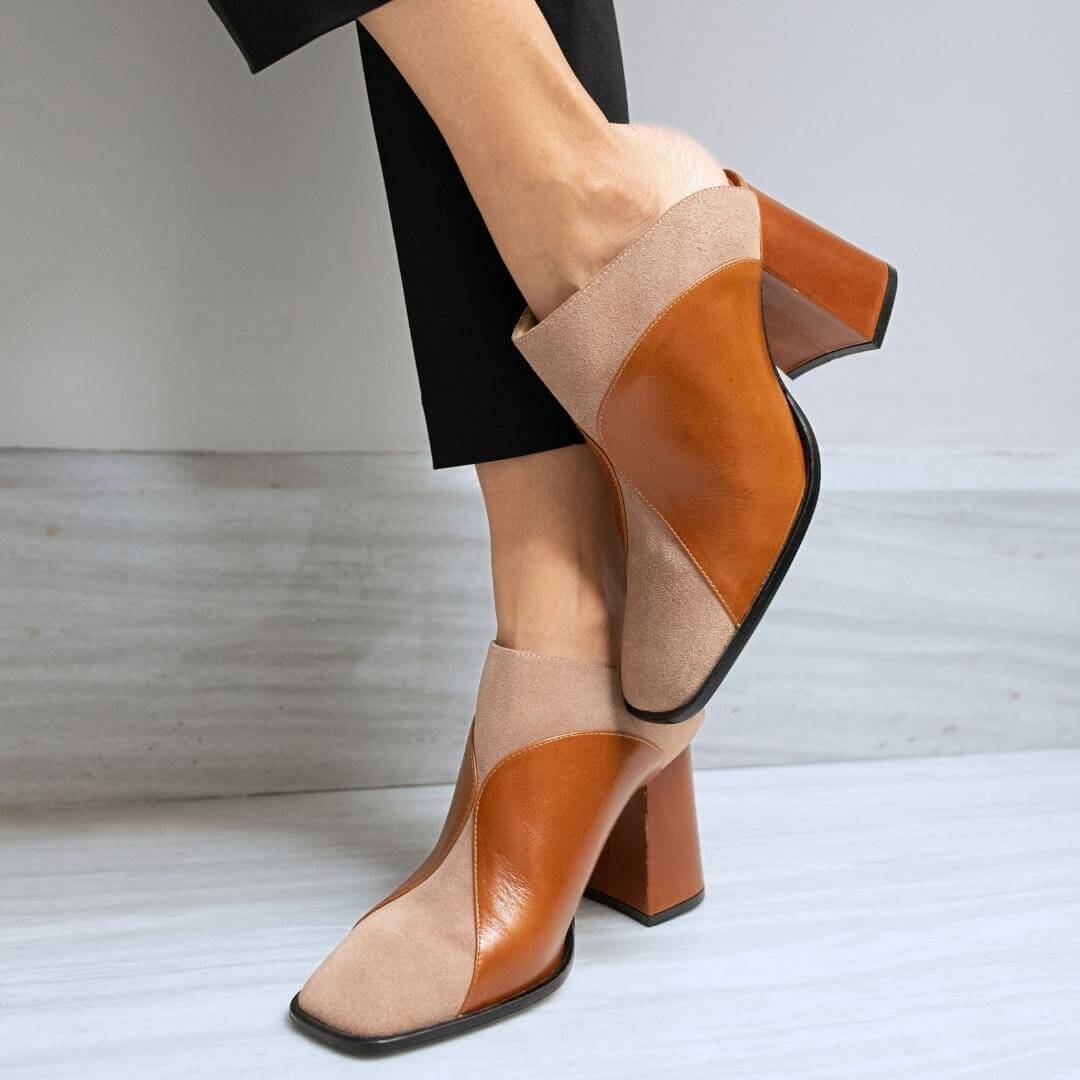 DIDI 75 - Caramelo y Rosa Regina Romero Zapato Bota Botin Mule Tacon Alto para Dama en Piel