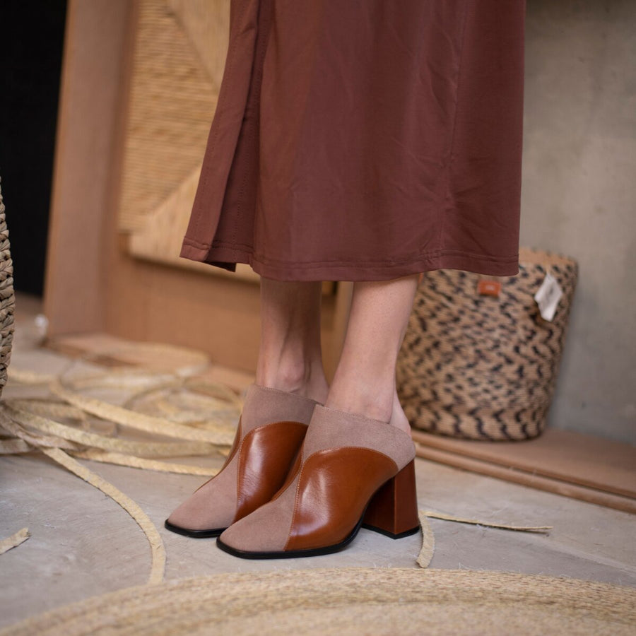 DIDI 75 - Caramel and Pink Regina Romero High Heel Mule Shoe Boot Boot for Lady in Leather