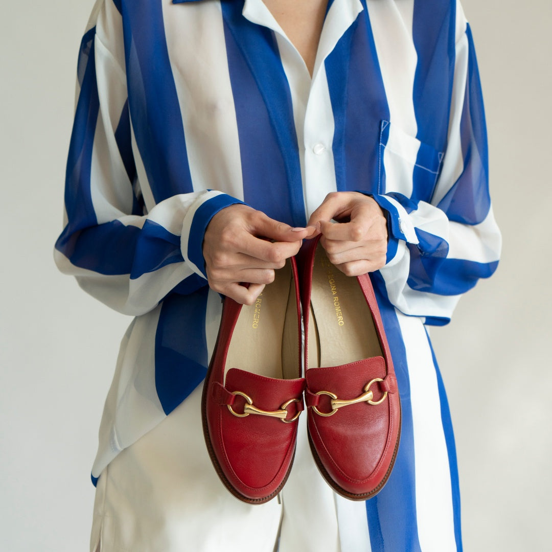 JUDY - Rojo Regina Romero Zapato Mocasin de Piso Para Dama en Piel