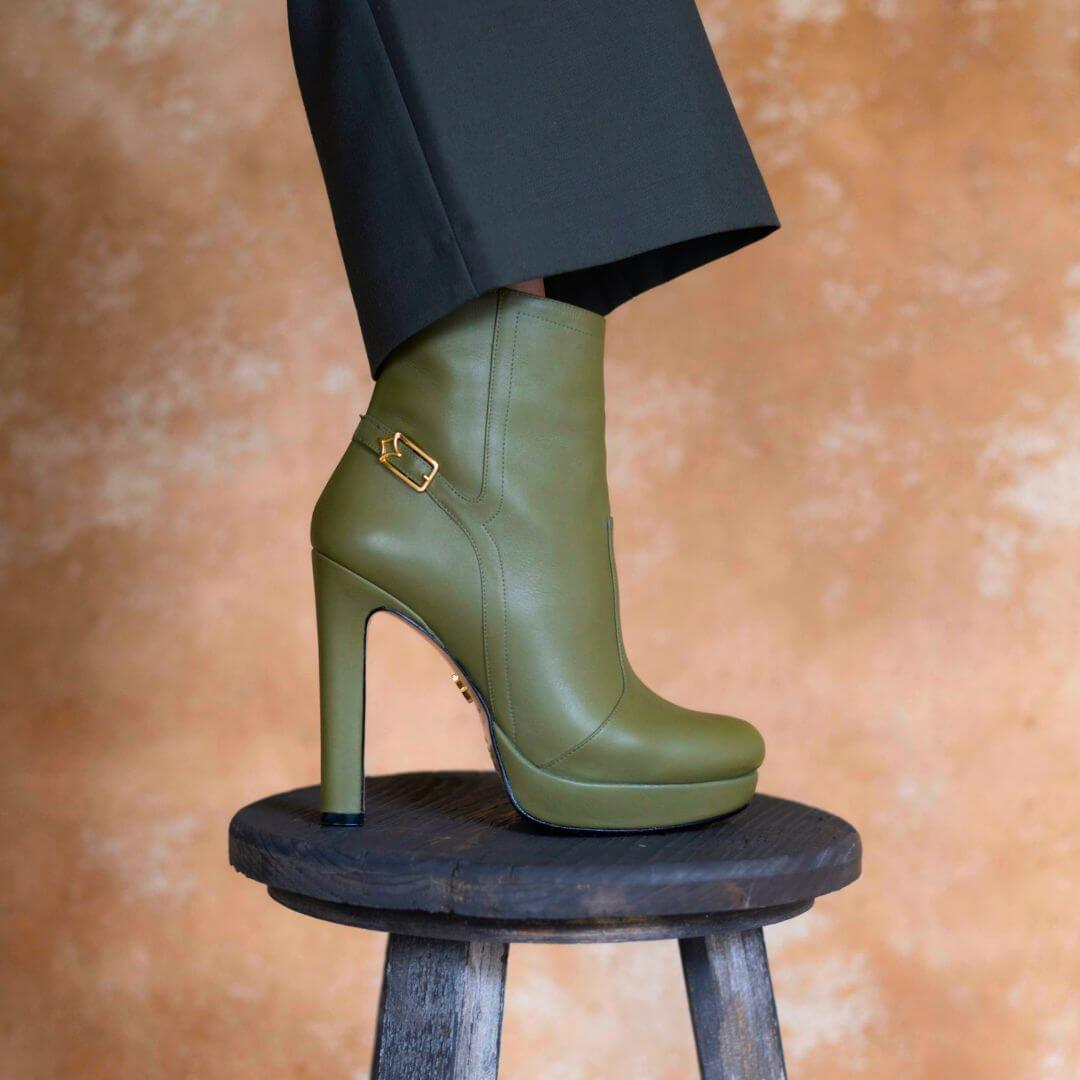 APOLONIA 120 - Khaki Regina Romero Zapato Bota Botin Plataforma Tacon Alto Para Dama en Piel