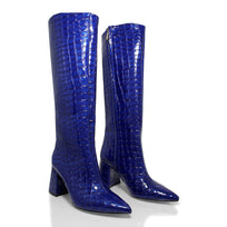 BROOKLYN 75 - Charol Azul Rey Regina Romero Zapato Bota Larga Tacon Alto Para Dama en Piel