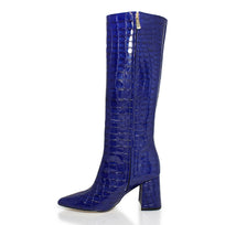 BROOKLYN 75 - Charol Azul Rey Regina Romero Zapato Bota Larga Tacon Alto Para Dama en Piel