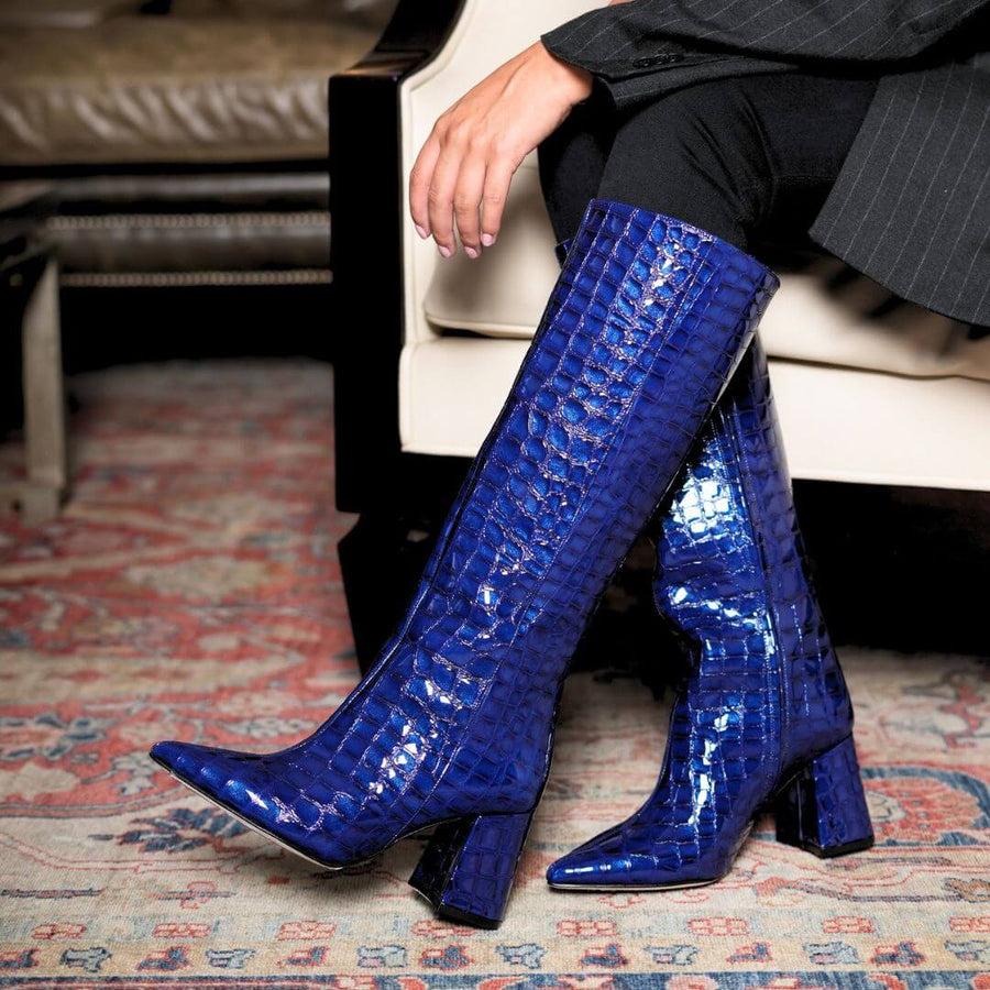 BROOKLYN 75 - Charol Azul Rey Regina Romero Zapato Bota Larga Tacon Alto Para Dama en Piel