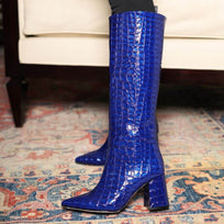 BROOKLYN 75 - Charol Azul Rey Regina Romero Zapato Bota Larga Tacon Alto Para Dama en Piel