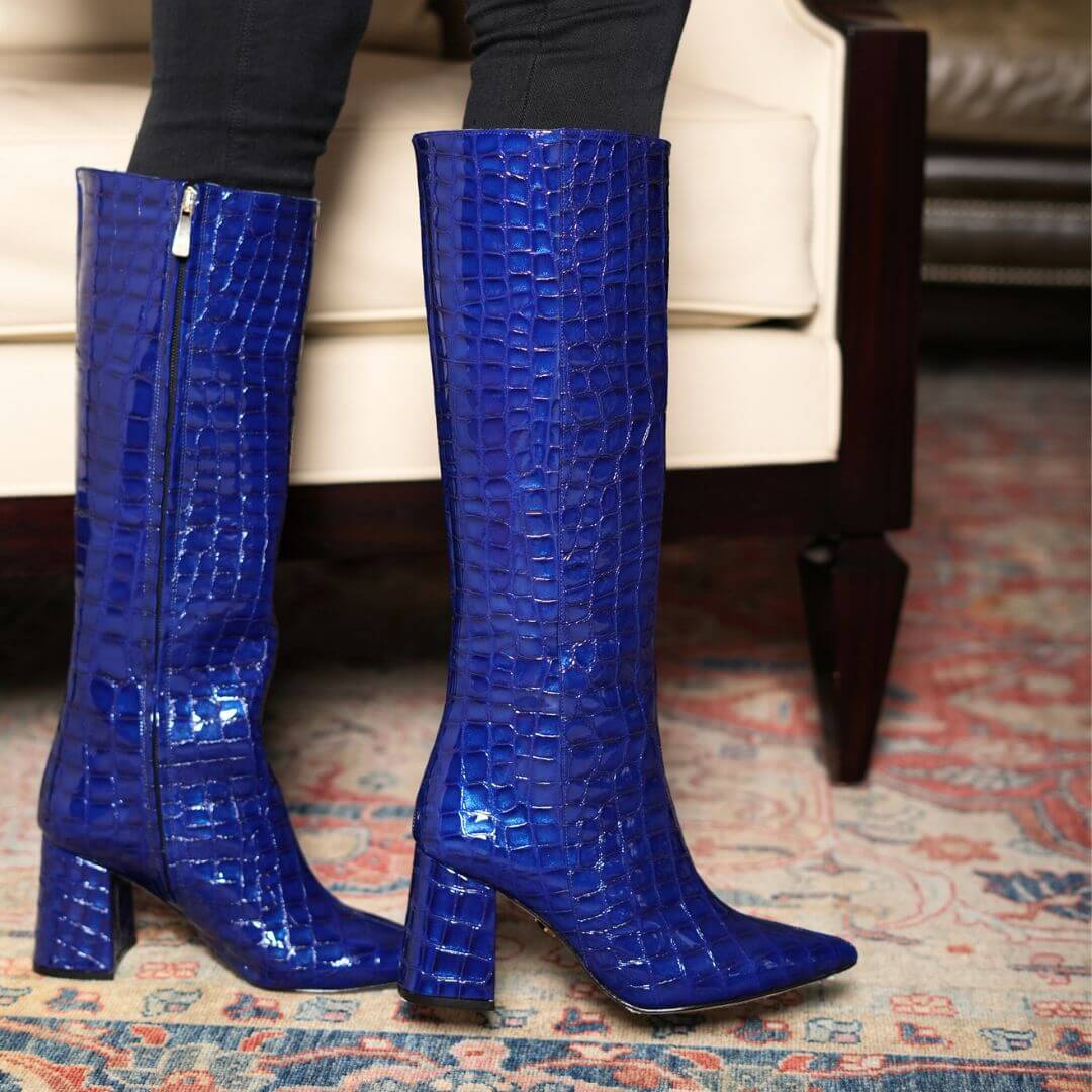 BROOKLYN 75 - Charol Azul Rey Regina Romero Zapato Bota Larga Tacon Alto Para Dama en Piel