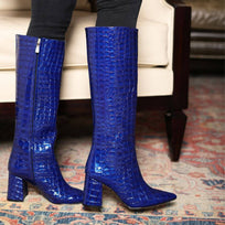 BROOKLYN 75 - Charol Azul Rey Regina Romero Zapato Bota Larga Tacon Alto Para Dama en Piel