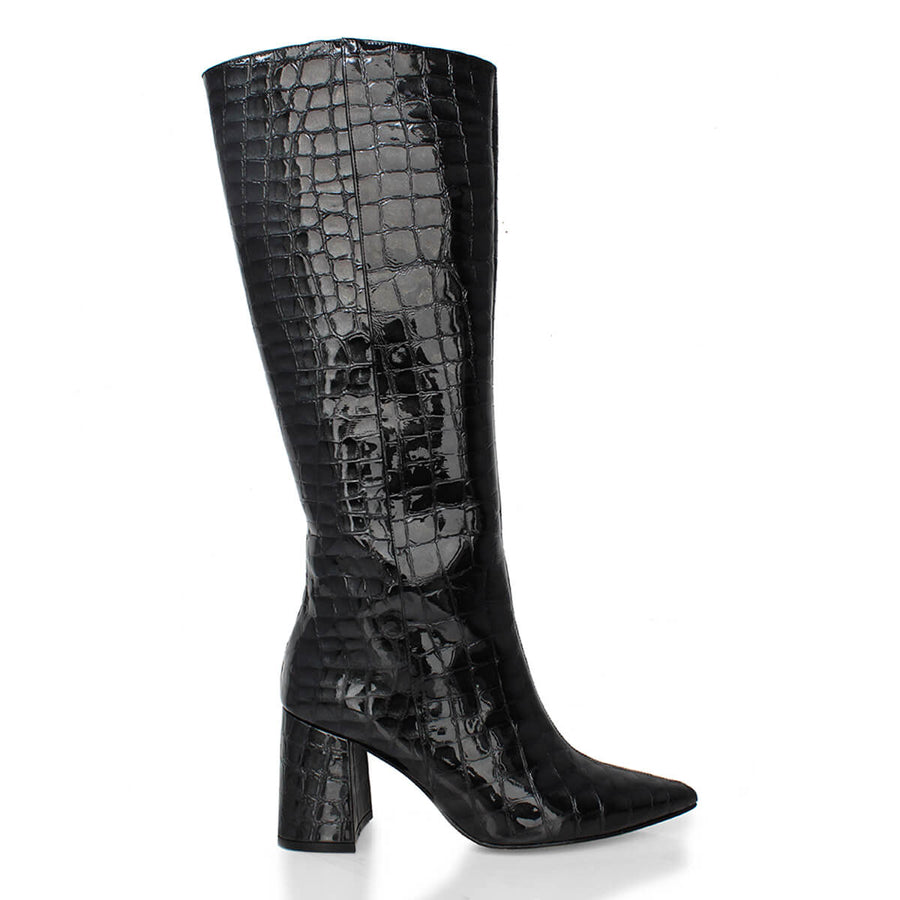 BROOKLYN 75 - Charol Negro Regina Romero Zapato Bota Larga Tacon Alto Para Dama en Piel