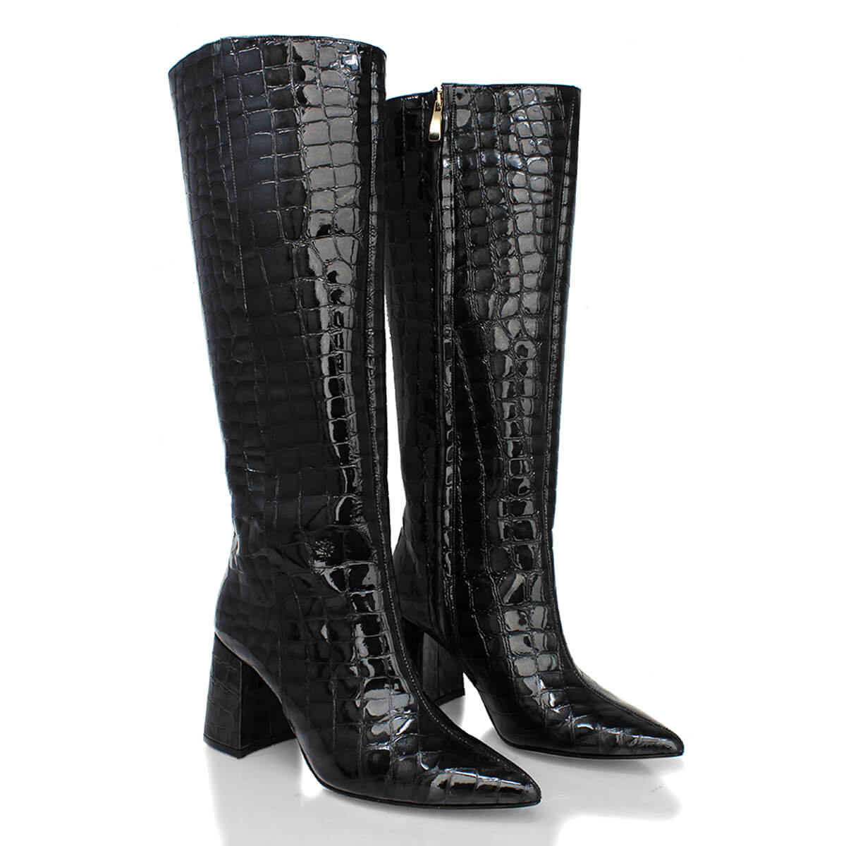 BROOKLYN 75 - Charol Negro Regina Romero Zapato Bota Larga Tacon Alto Para Dama en Piel