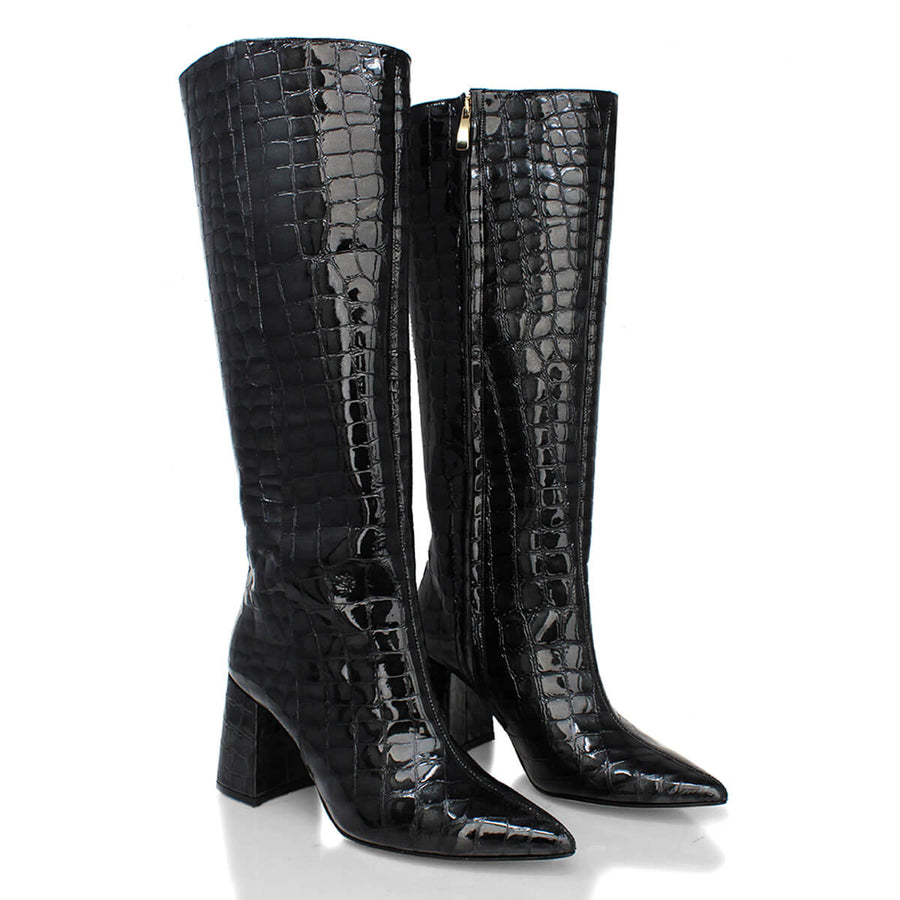 BROOKLYN 75 - Charol Negro Regina Romero Zapato Bota Larga Tacon Alto Para Dama en Piel