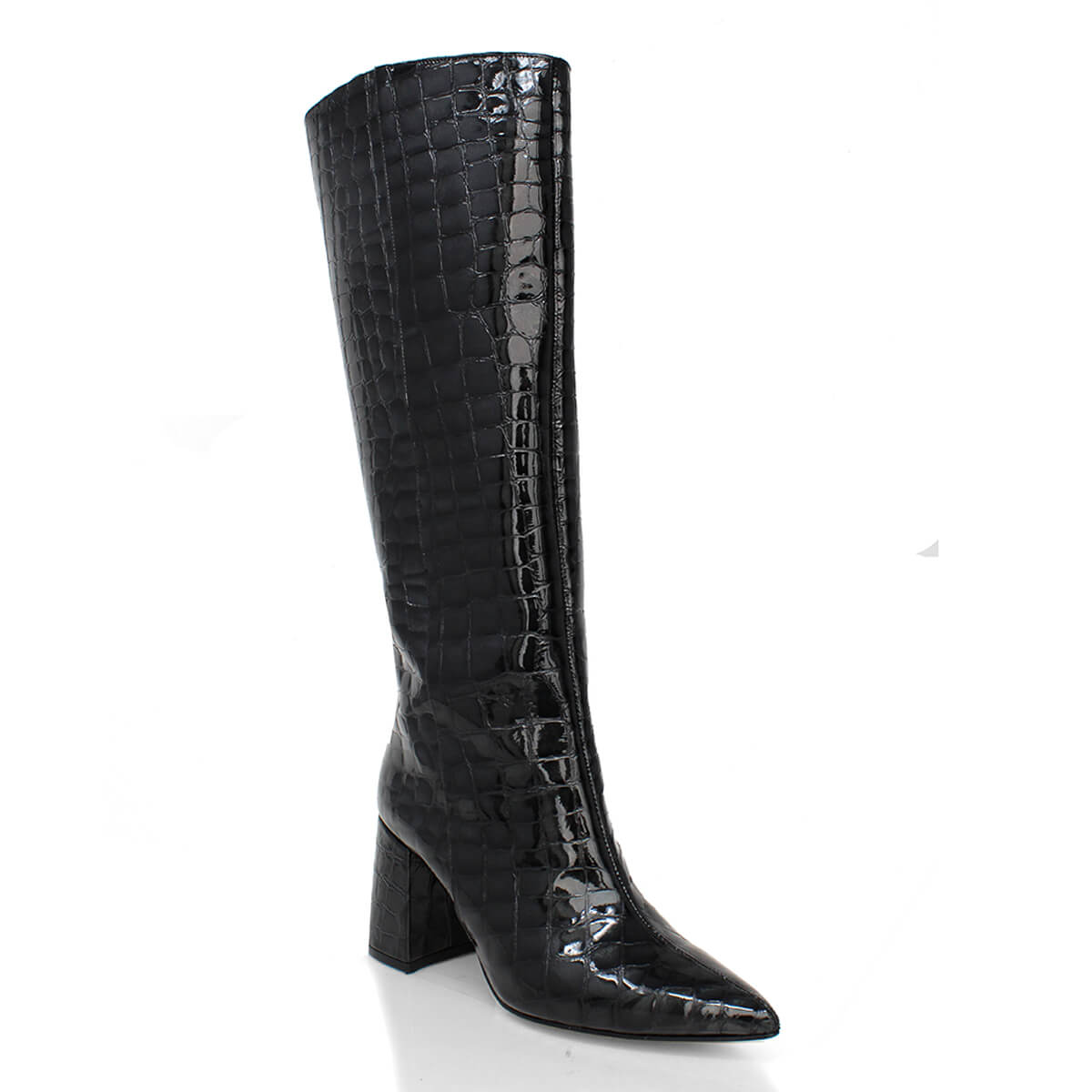 BROOKLYN 75 - Charol Negro Regina Romero Zapato Bota Larga Tacon Alto Para Dama en Piel