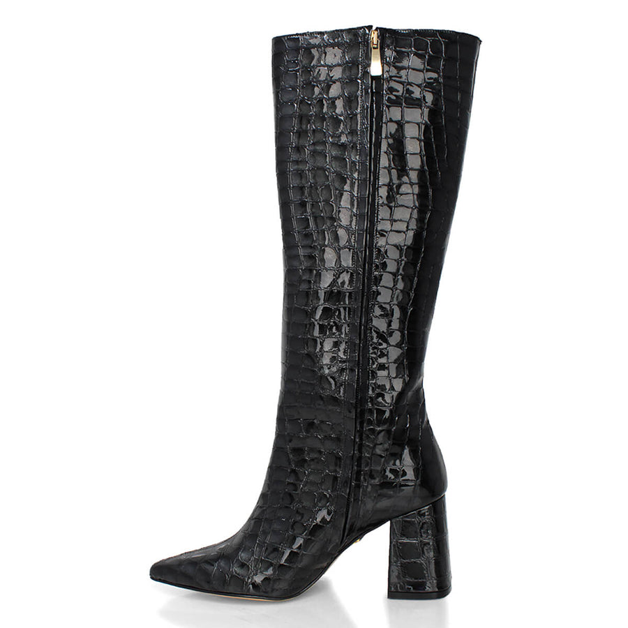 BROOKLYN 75 - Charol Negro Regina Romero Zapato Bota Larga Tacon Alto Para Dama en Piel