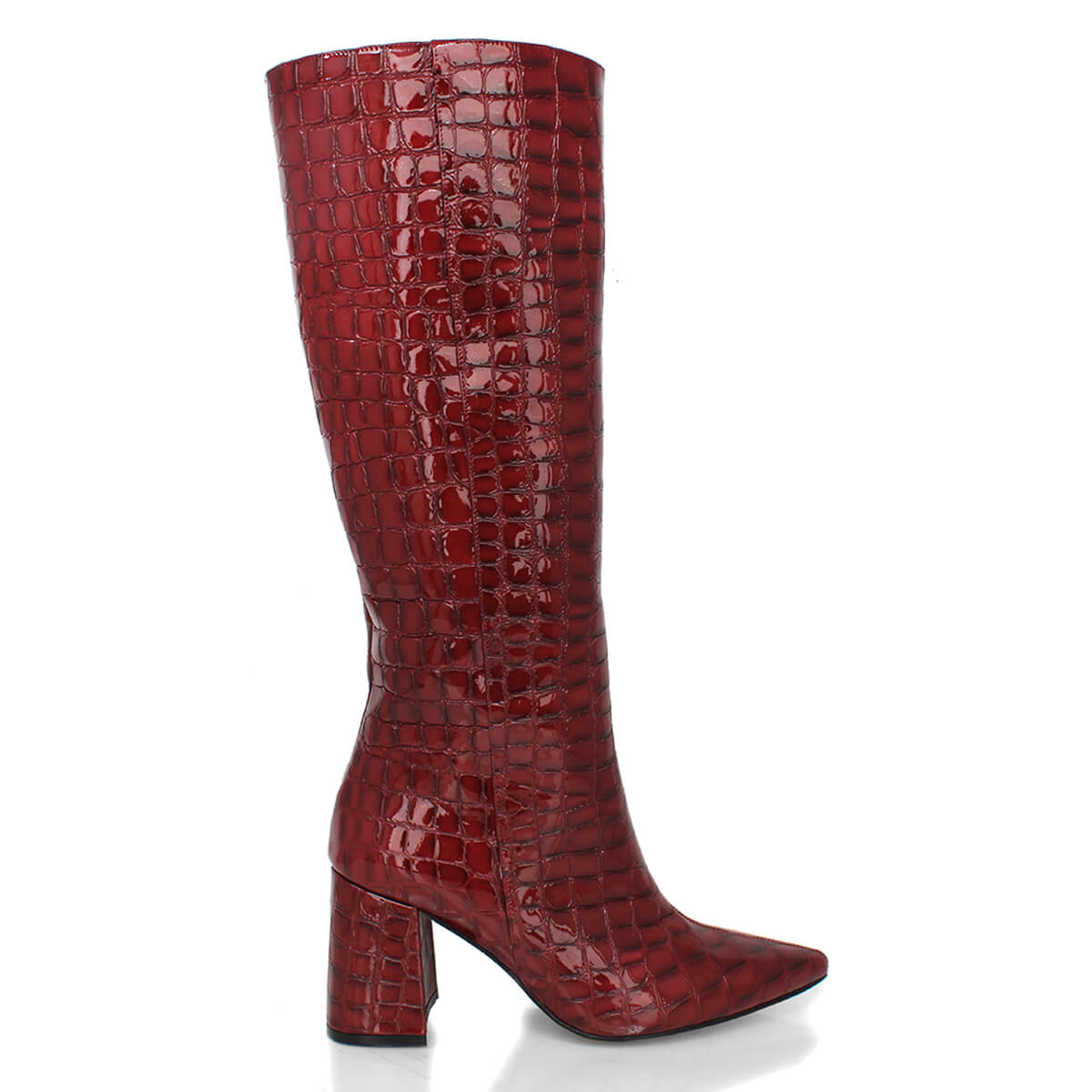BROOKLYN 75 - Charol Vino Regina Romero Zapato Bota Larga Tacon Alto Para Dama en Piel