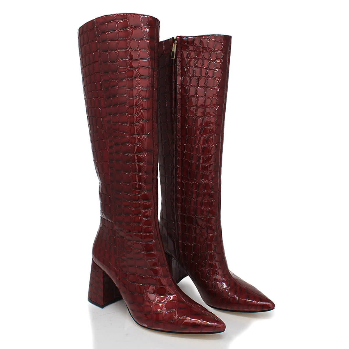 BROOKLYN 75 - Charol Vino Regina Romero Zapato Bota Larga Tacon Alto Para Dama en Piel