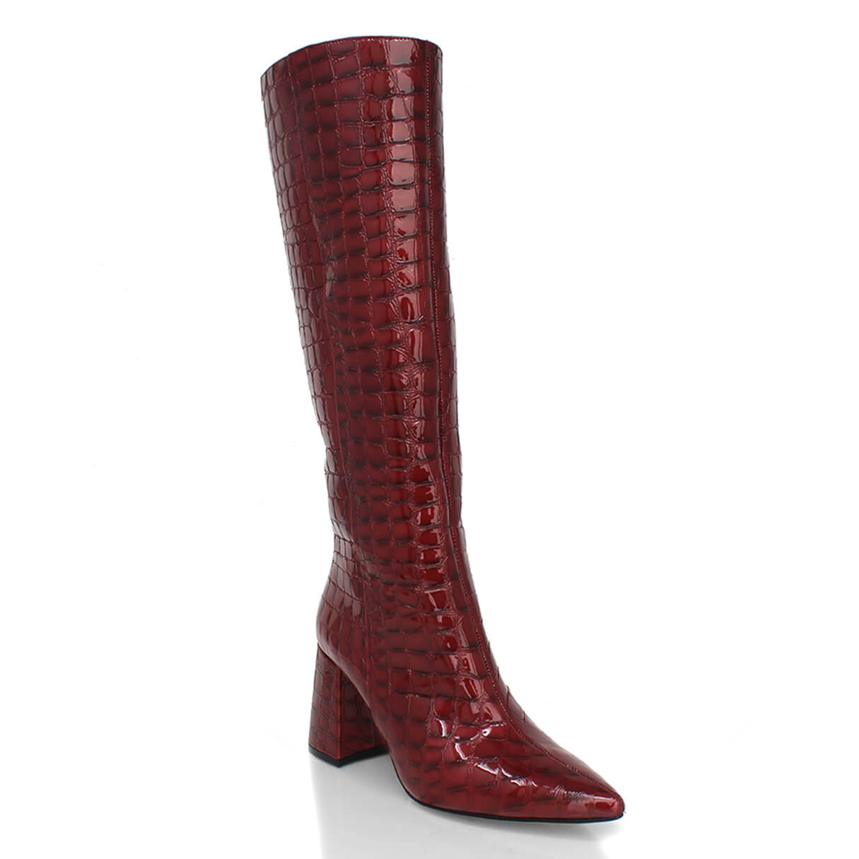 BROOKLYN 75 - Charol Vino Regina Romero Zapato Bota Larga Tacon Alto Para Dama en Piel