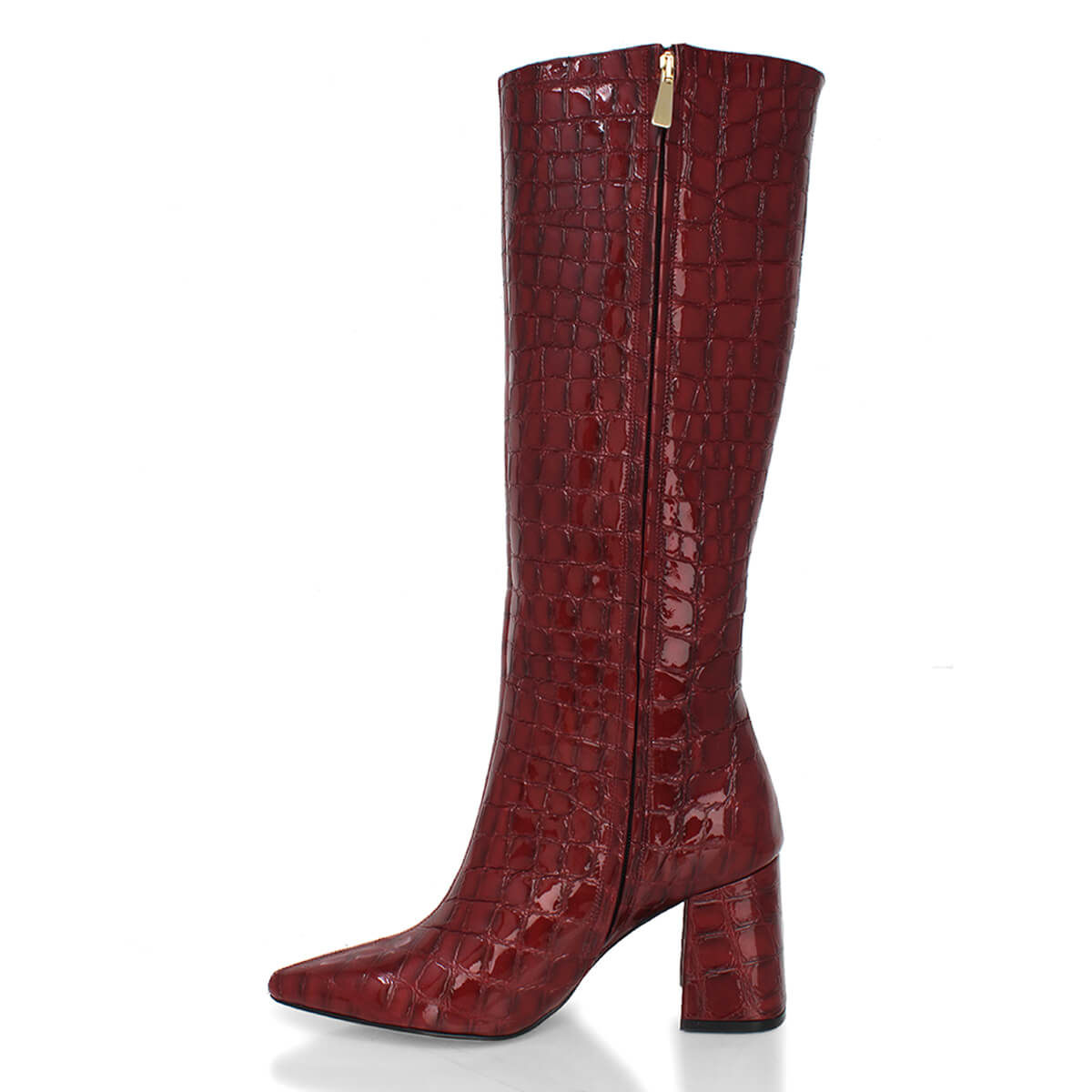 BROOKLYN 75 - Charol Vino Regina Romero Zapato Bota Larga Tacon Alto Para Dama en Piel