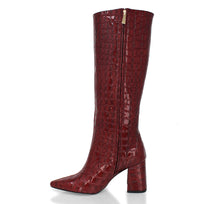 BROOKLYN 75 - Charol Vino Regina Romero Zapato Bota Larga Tacon Alto Para Dama en Piel