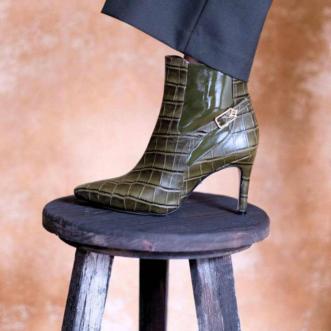 TIZIANA 85 - Khaki Regina Romero Zapato Bota Botin Tacon Alto Para Dama en Piel