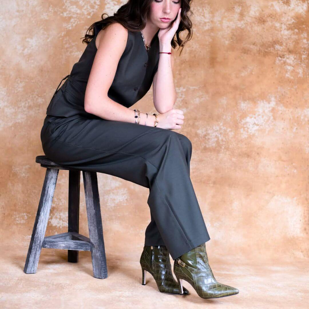 TIZIANA 85 - Khaki Regina Romero Zapato Bota Botin Tacon Alto Para Dama en Piel