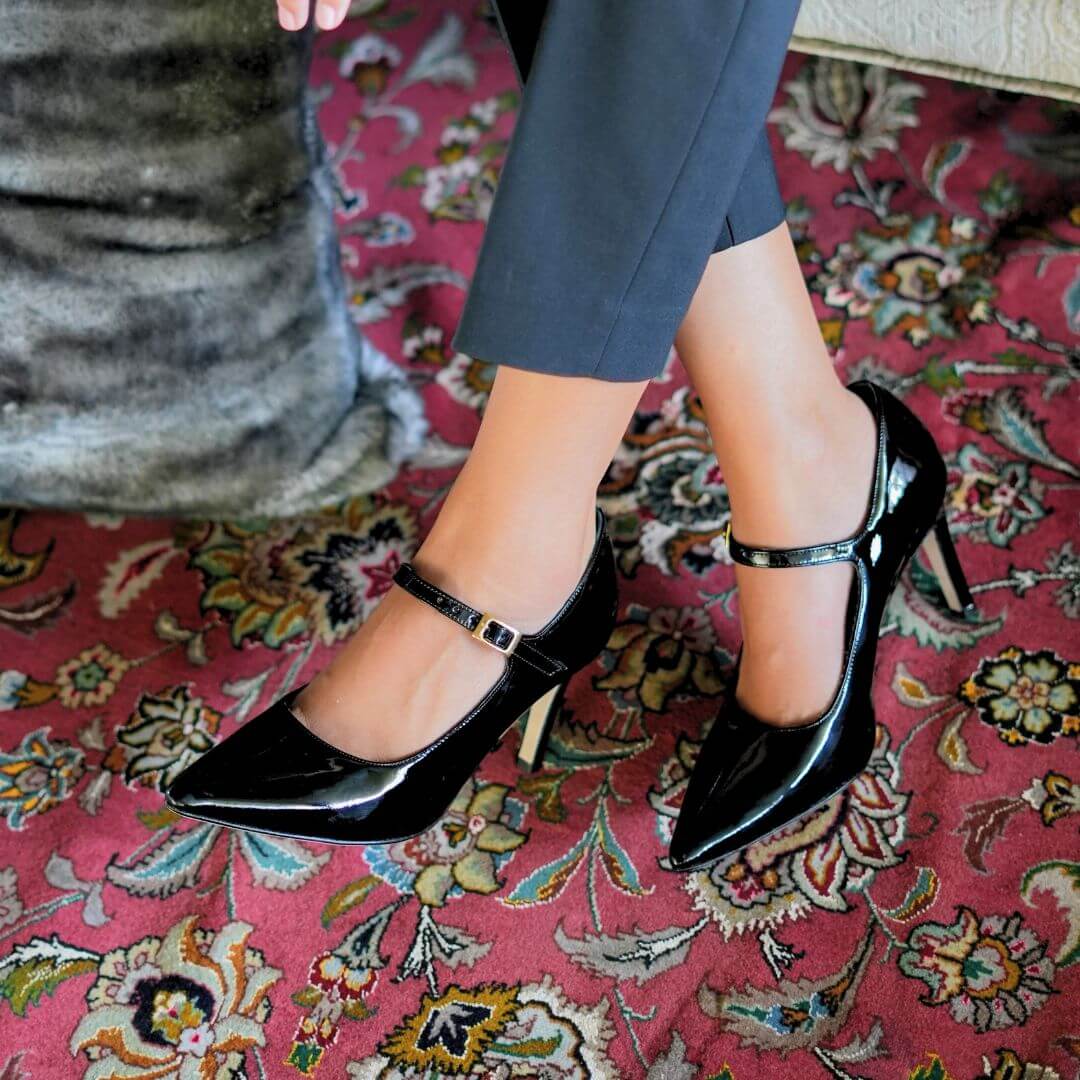 MARY JANE 75 - Charol Negro Regina Romero Zapato Zapatilla Tacon Alto Para Dama en Piel