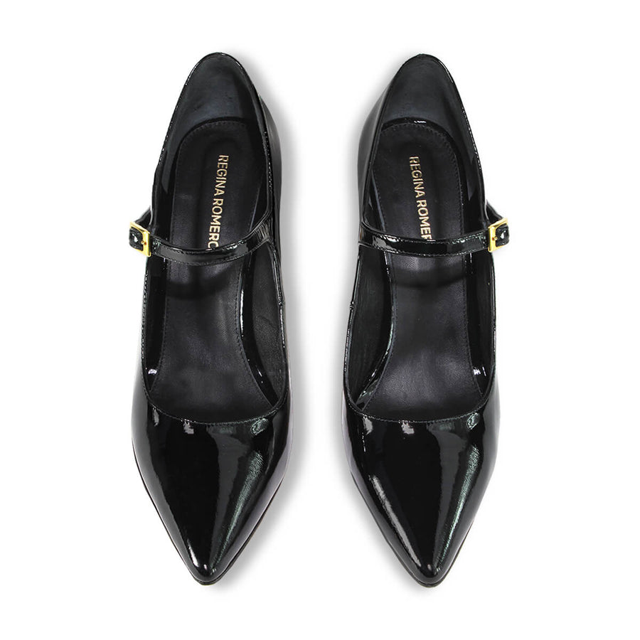 MARY JANE 75 - Charol Negro Regina Romero Zapato Zapatilla Tacon Alto Para Dama en Piel