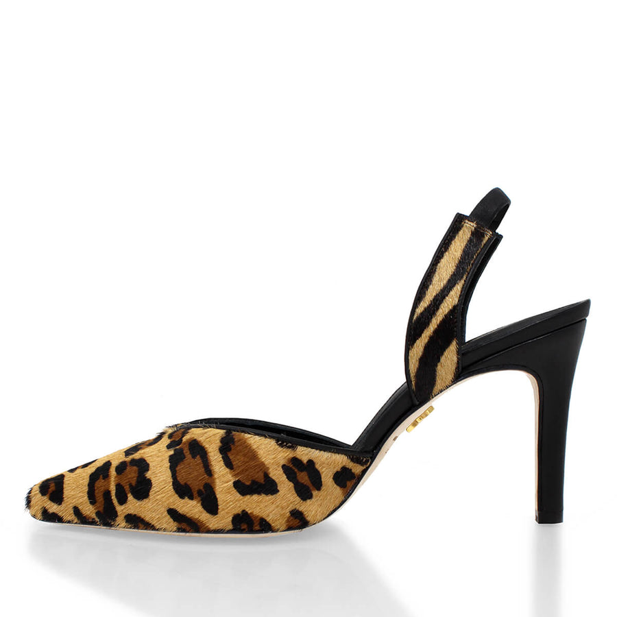 ROSANGEL 85 - Beige Print y Negro Regina Romero Zapato Sandalia Zapatilla Tacon Alto Para Dama en Piel