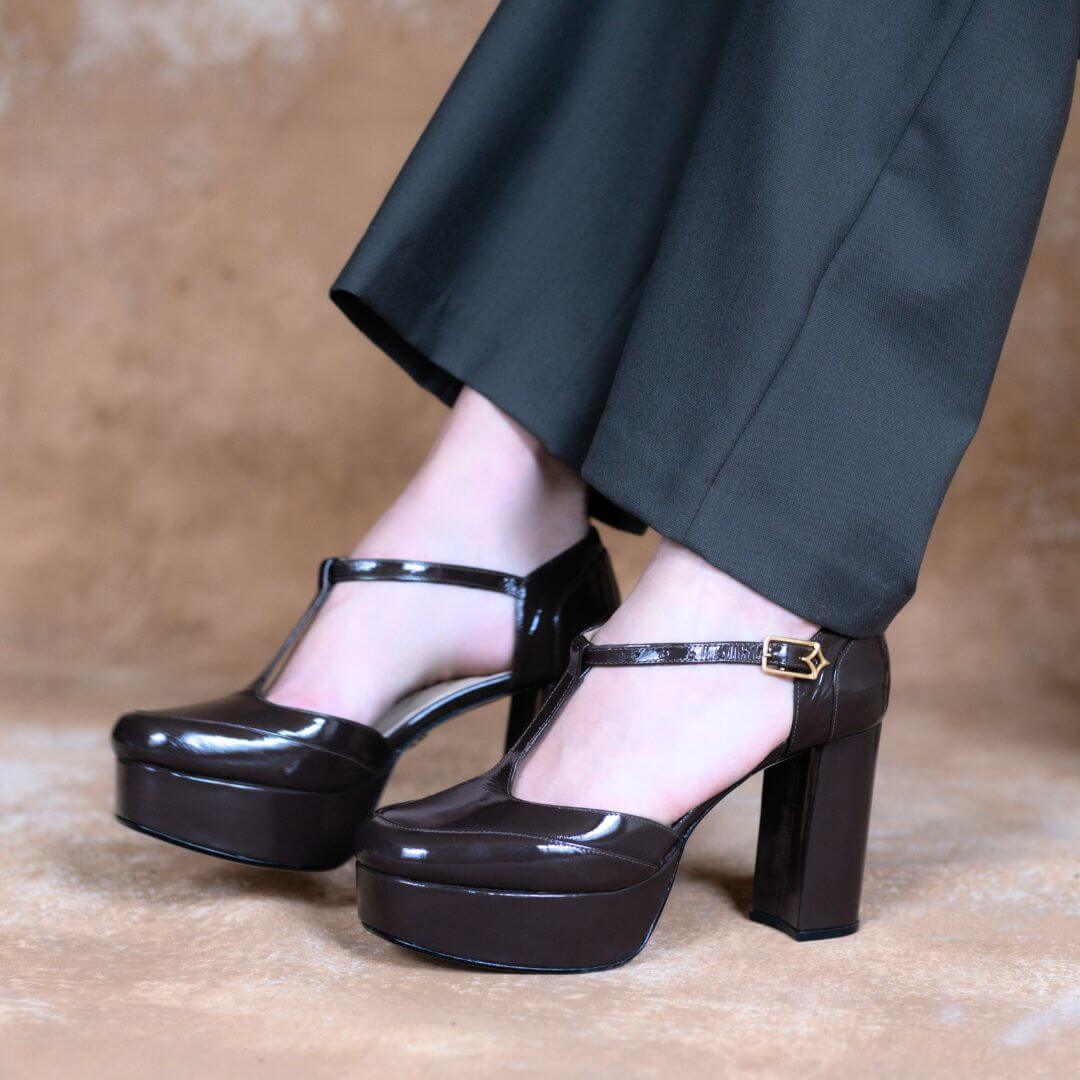 VIVIANA 95 - Charol Cafe Regina Romero Zapato Plataforma Tacon Alto Para Dama en Piel