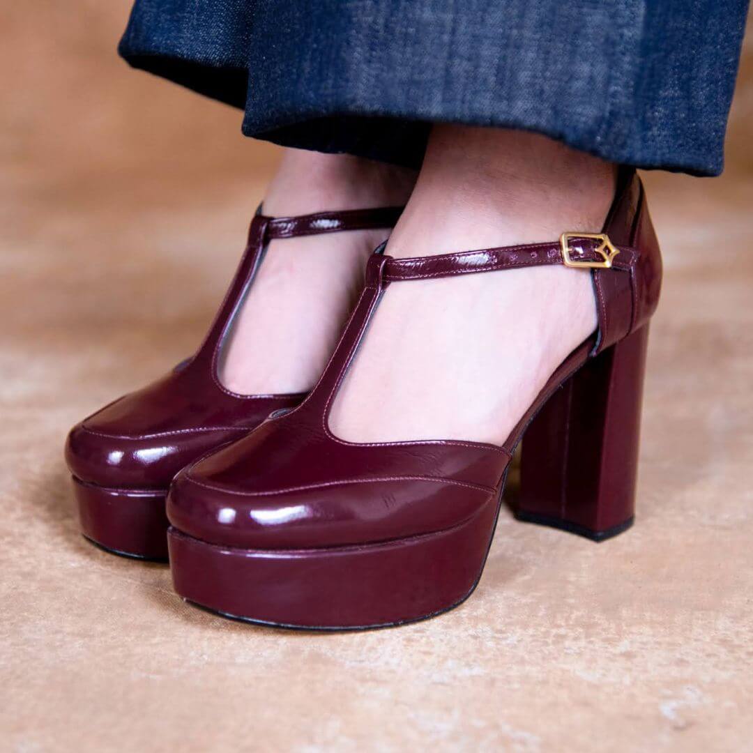 VIVIANA 95 - Charol Vino Regina Romero Zapato Plataforma Tacon Alto Para Dama en Piel