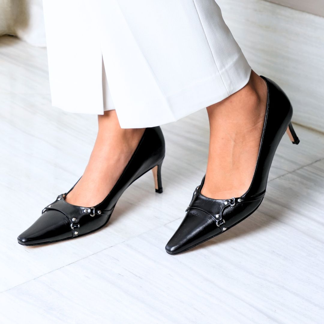 1993 - Negro Regina Romero Zapato Zapatilla Tacon Bajo Para Dama en Piel