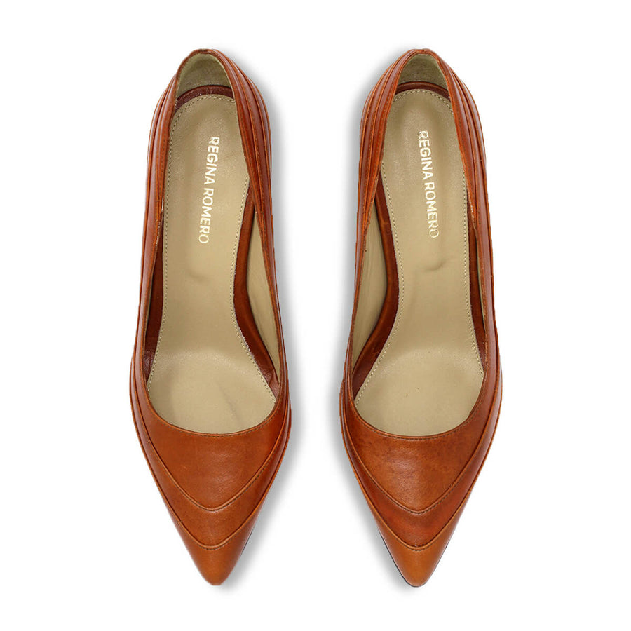 ROUS 75 - Tan Regina Romero Zapato Zapatilla Tacon Alto Para Dama en Piel