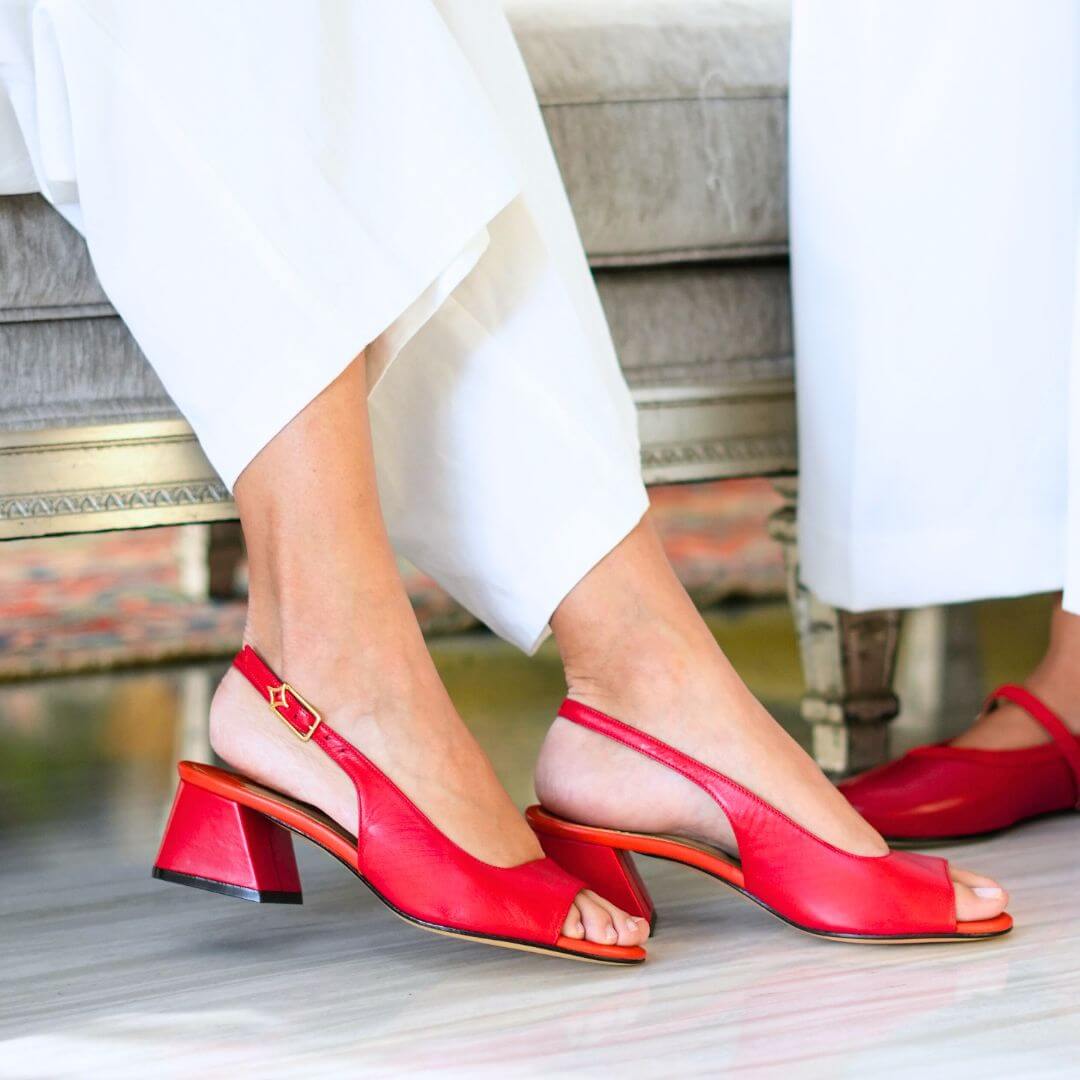 GEORGIA 50 - Rojo y Naranja Regina Romero Zapato Sandalia Zapatilla Tacon Bajo Para Dama en Piel