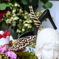 ROSANGEL 85 - Beige Print y Negro Regina Romero Zapato Sandalia Zapatilla Tacon Alto Para Dama en Piel