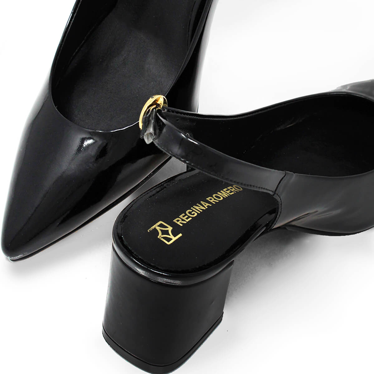 TANIA 50 - Charol Negro Regina Romero Zapato Zapatilla Tacon Bajo Para Dama en Piel