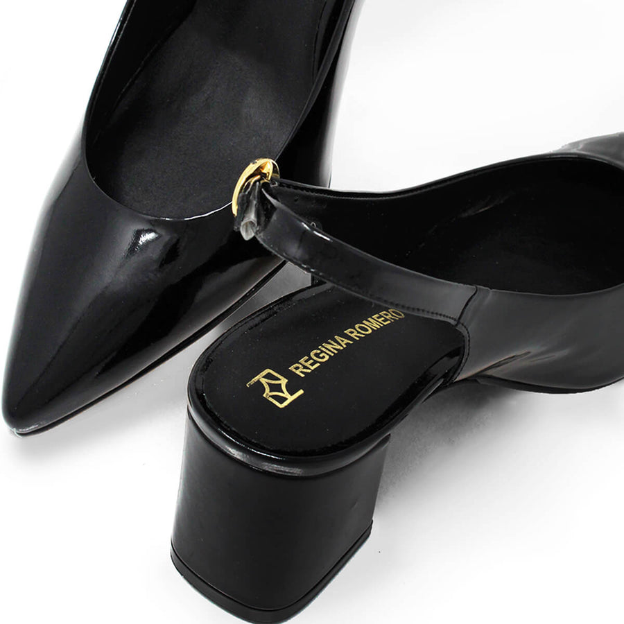 TANIA 50 - Charol Negro Regina Romero Zapato Zapatilla Tacon Bajo Para Dama en Piel