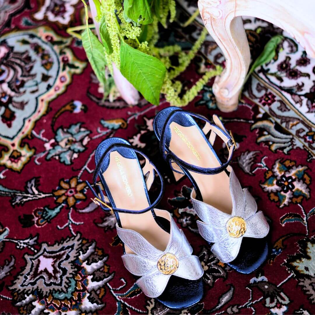 TRIXIE 95 - Azul Metalico Regina Romero Zapato Zapatilla Tacon Alto Para Dama en Piel
