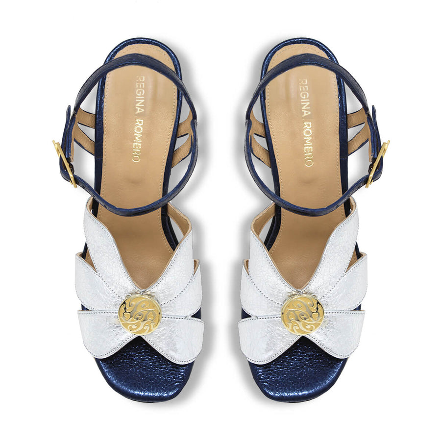 TRIXIE 95 - Azul Metalico Regina Romero Zapato Zapatilla Tacon Alto Para Dama en Piel