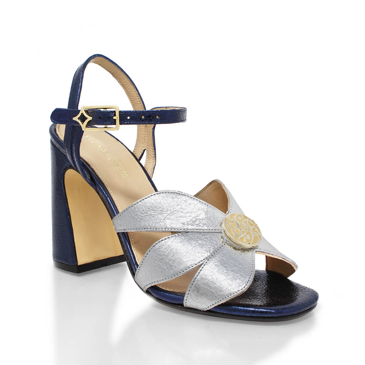 TRIXIE 95 - Azul Metalico Regina Romero Zapato Zapatilla Tacon Alto Para Dama en Piel