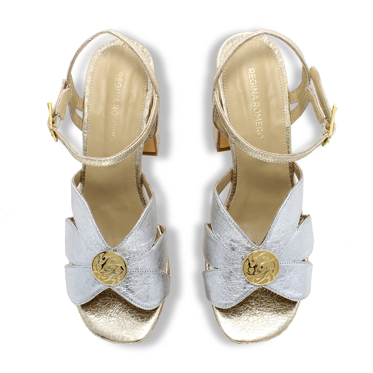TRIXIE 95 - Oro Y Plata Regina Romero Zapato Zapatilla Tacon Alto Para Dama en Piel