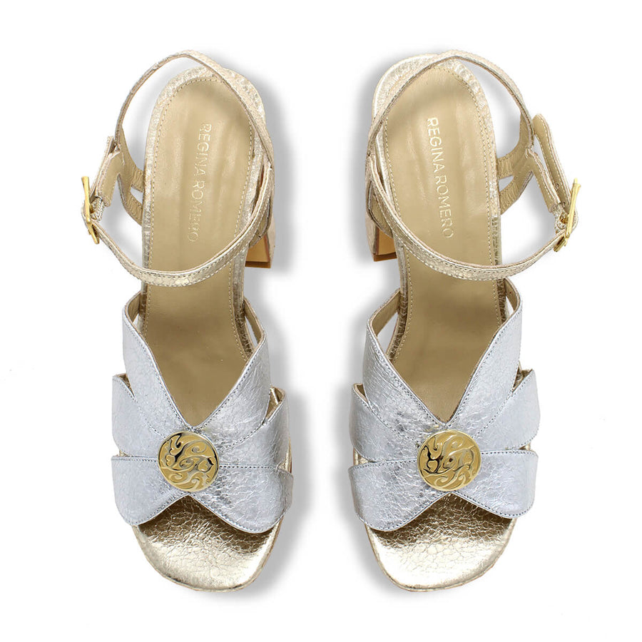 TRIXIE 95 - Oro Y Plata Regina Romero Zapato Zapatilla Tacon Alto Para Dama en Piel