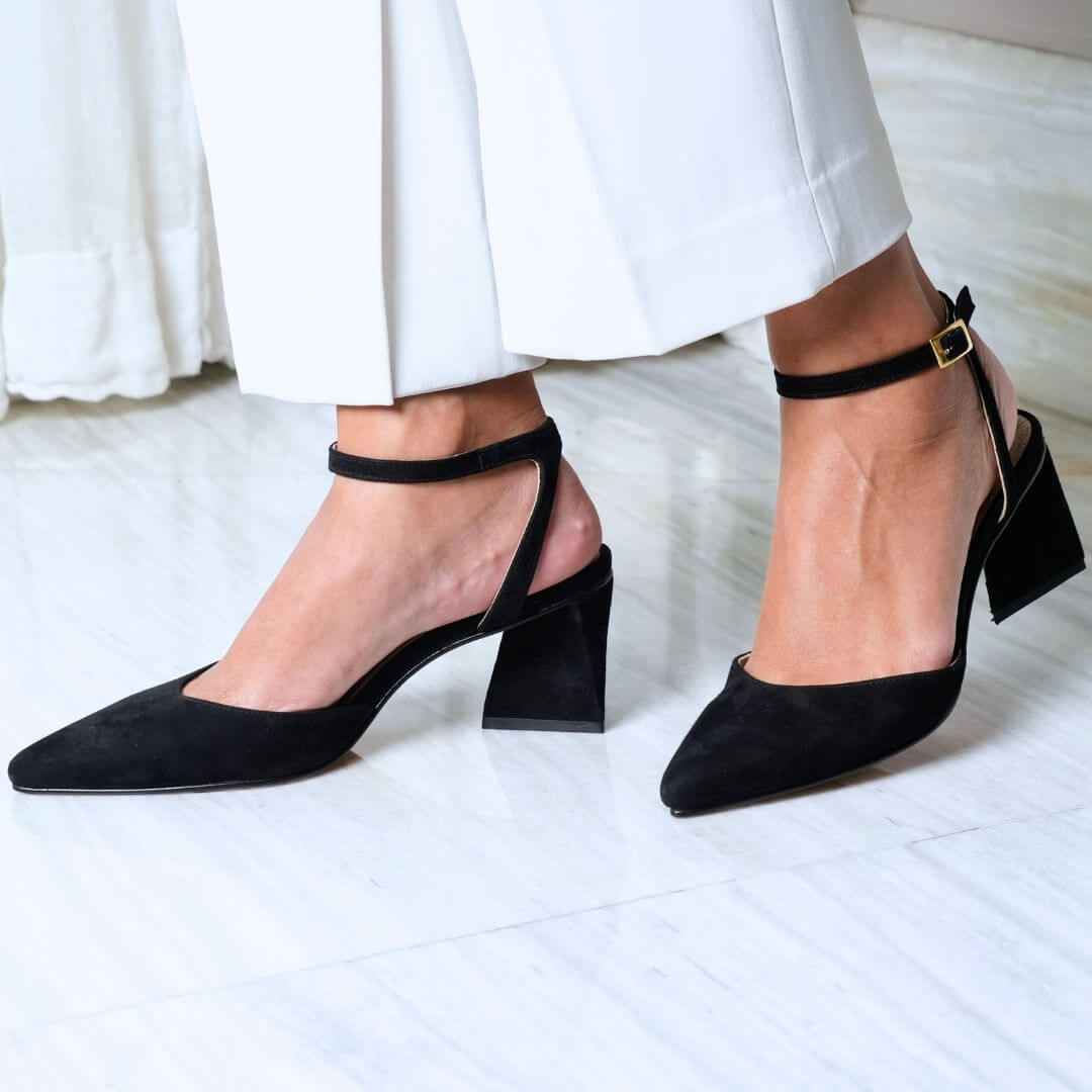 URSULA 50 - Ante Negro Regina Romero Zapato Zapatilla Tacon Bajo Para Dama en Piel