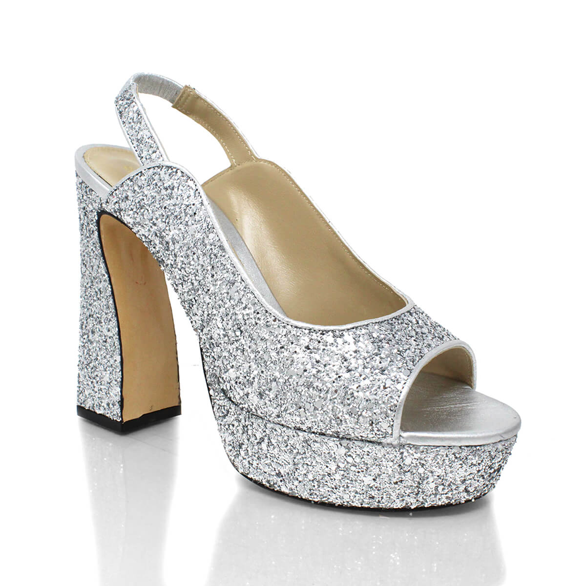 CHERYL 125 - Glitter Plata Regina Romero Zapato Sandalia Plataforma Tacon Alto Para Dama en Piel