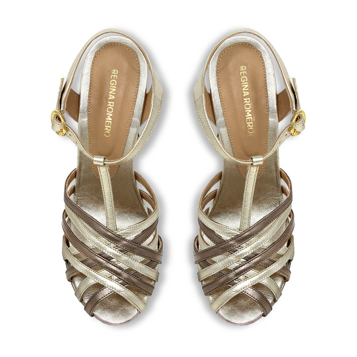 HELENA 120 - Seda y Oro Regina Romero Zapato Sandalia Plataforma Tacon Alto Para Dama en Piel