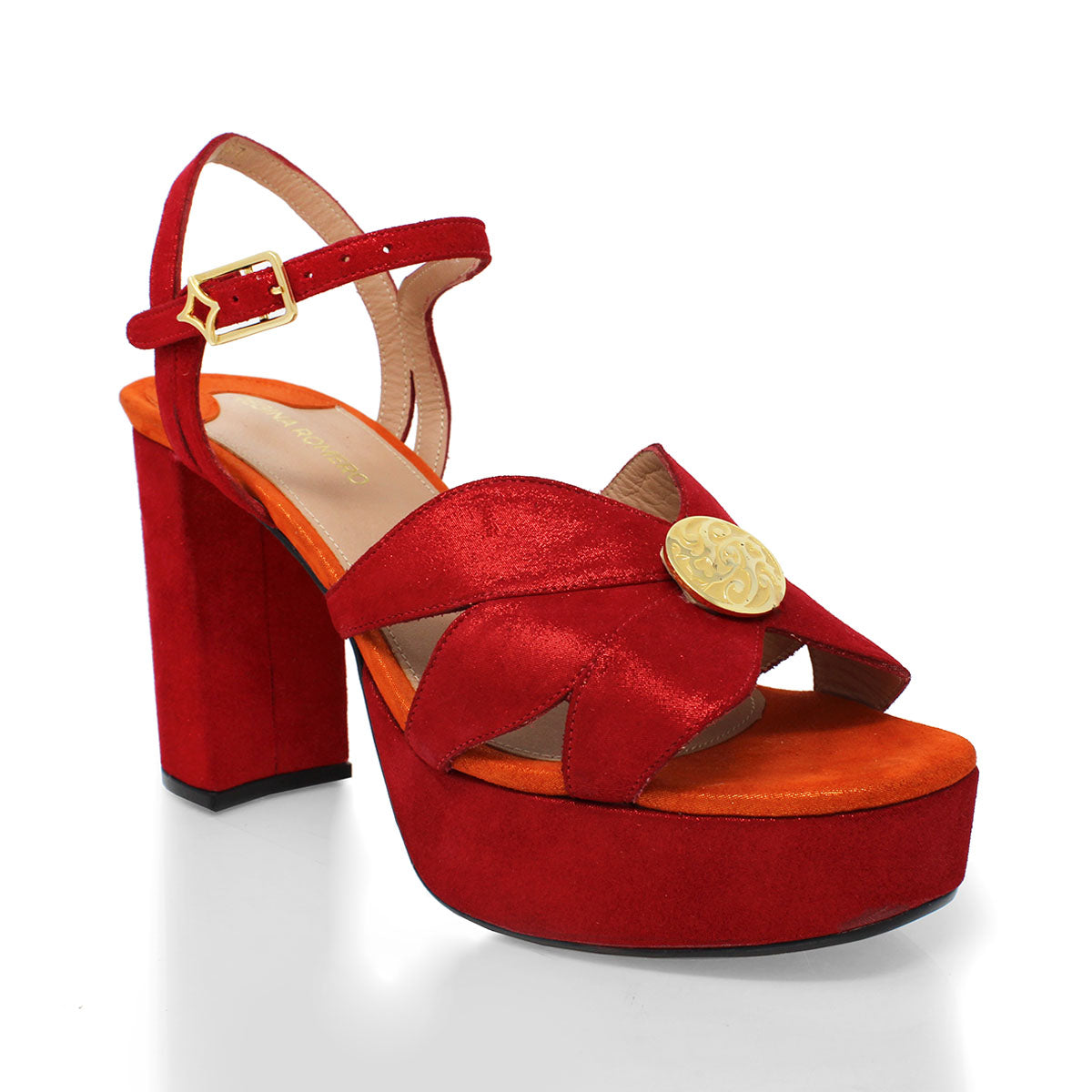 PIXIE 95 - Rojo y Naranja Regina Romero Zapato Sandalia Plataforma Tacon Alto Para Dama en Piel