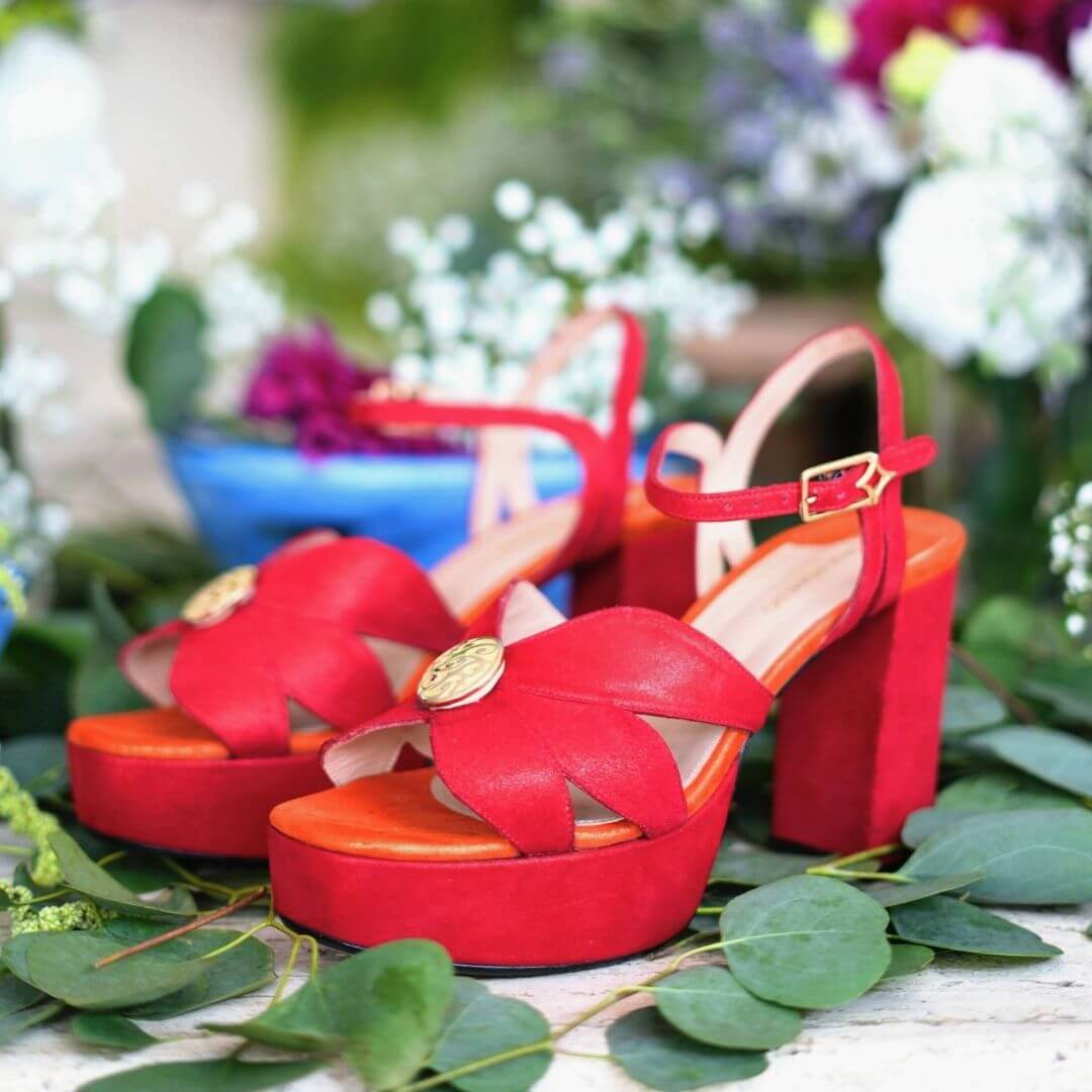 PIXIE 95 - Rojo y Naranja Regina Romero Zapato Sandalia Plataforma Tacon Alto Para Dama en Piel