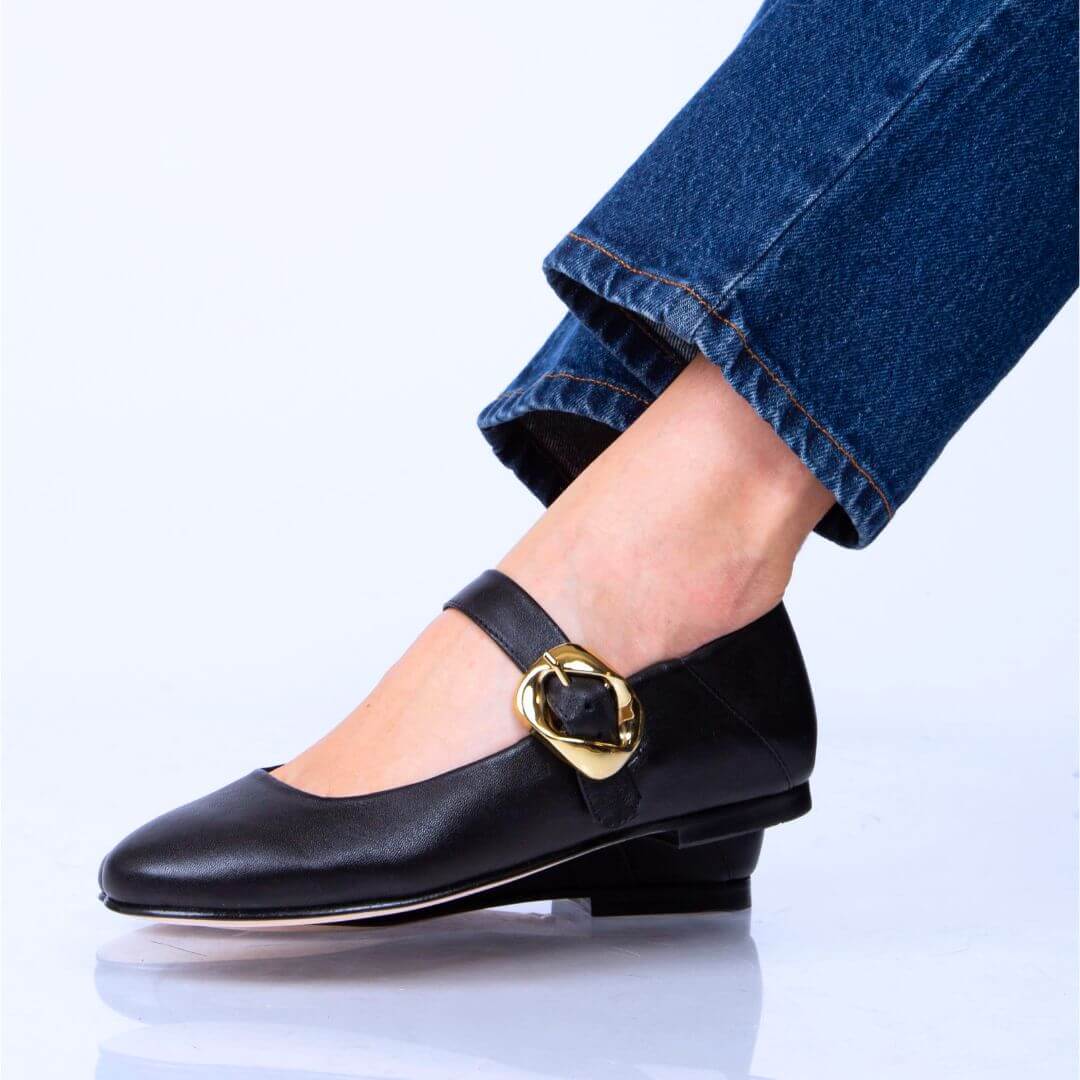 LOLA - Negro Regina Romero Zapato Flat Balerina de Piso Para Dama en Piel