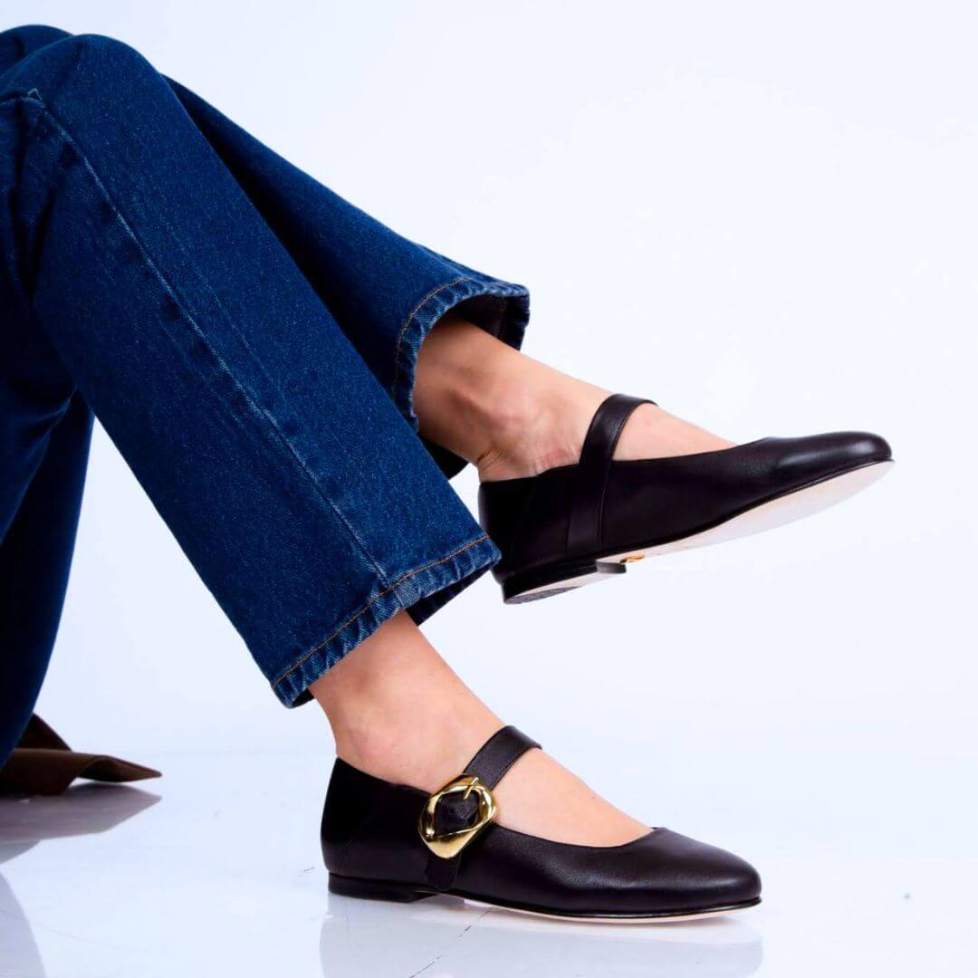 LOLA - Negro Regina Romero Zapato Flat Balerina de Piso Para Dama en Piel