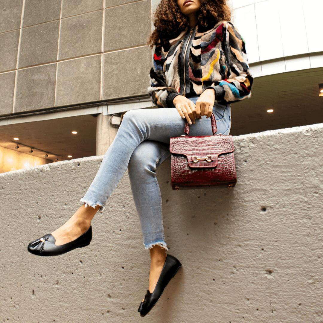POLINA - Negro Regina Romero Zapato Flat Balerina de Piso Para Dama en Piel