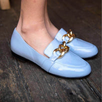 ALINE - Charol Azul Regina Romero Zapato Mocasin de Piso Para Dama en Piel