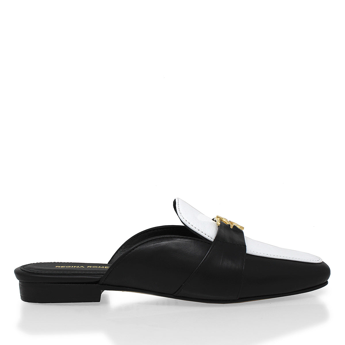 SAMMY - Negro y Blanco Regina Romero Zapato Flat Mule de Piso Para Dama en Piel